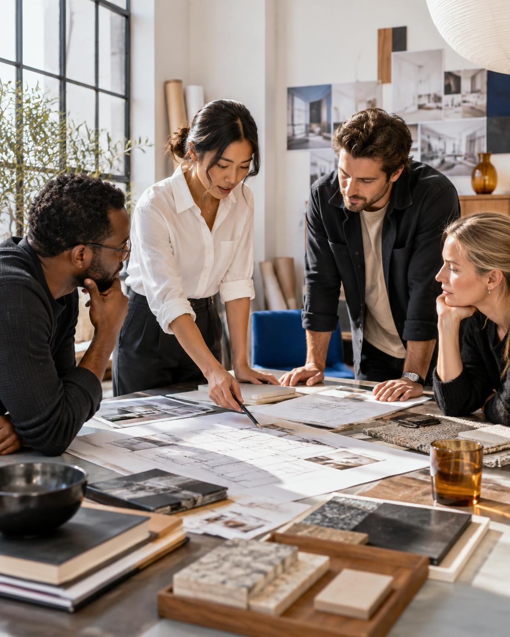 A creative team working together around a table of plans and ideas